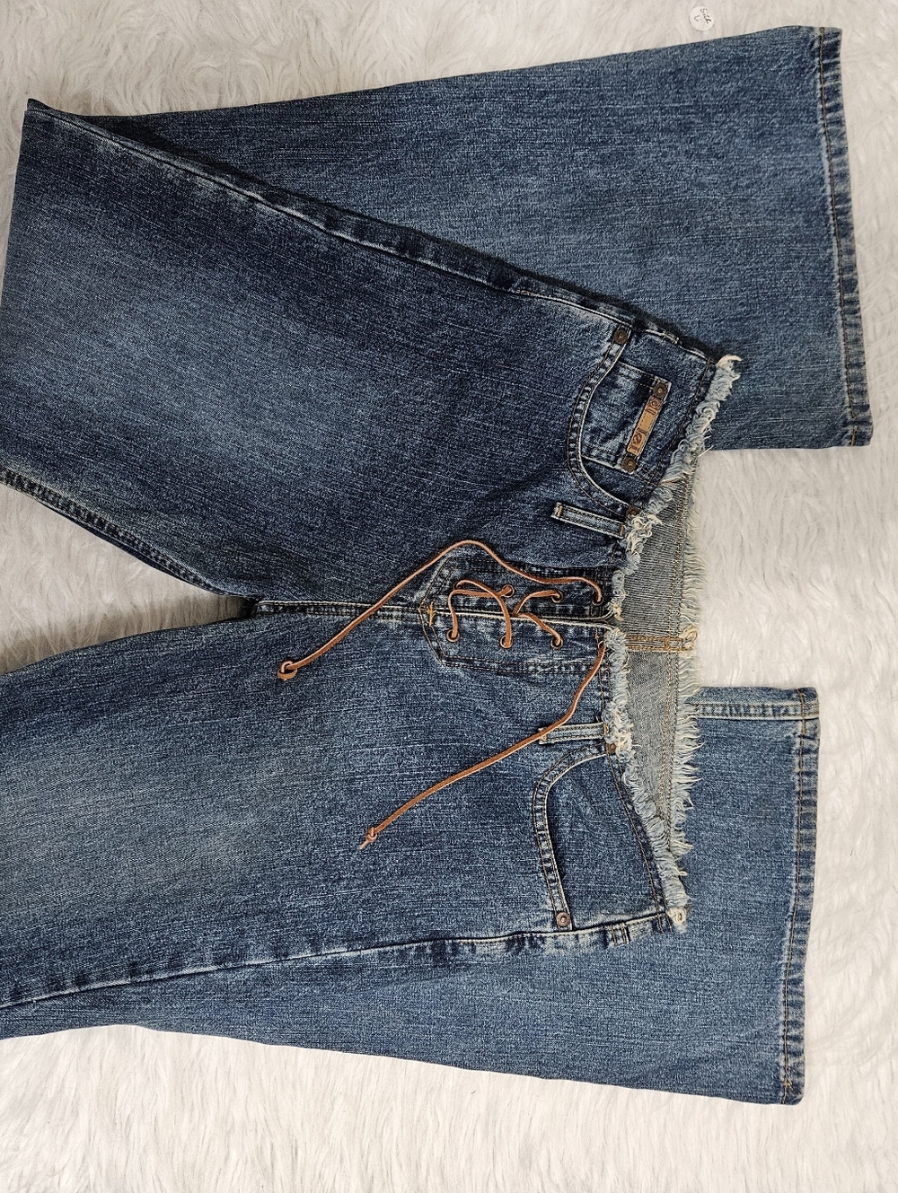 Vintage 90s Early 2000s Women’s Blue Flared Jeans with Lace-Up Waist - Picture 6 of 7